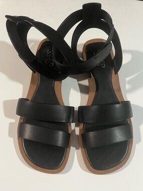 Franco Sarto Black Strappy Ankle Sandals with Tan Trim
